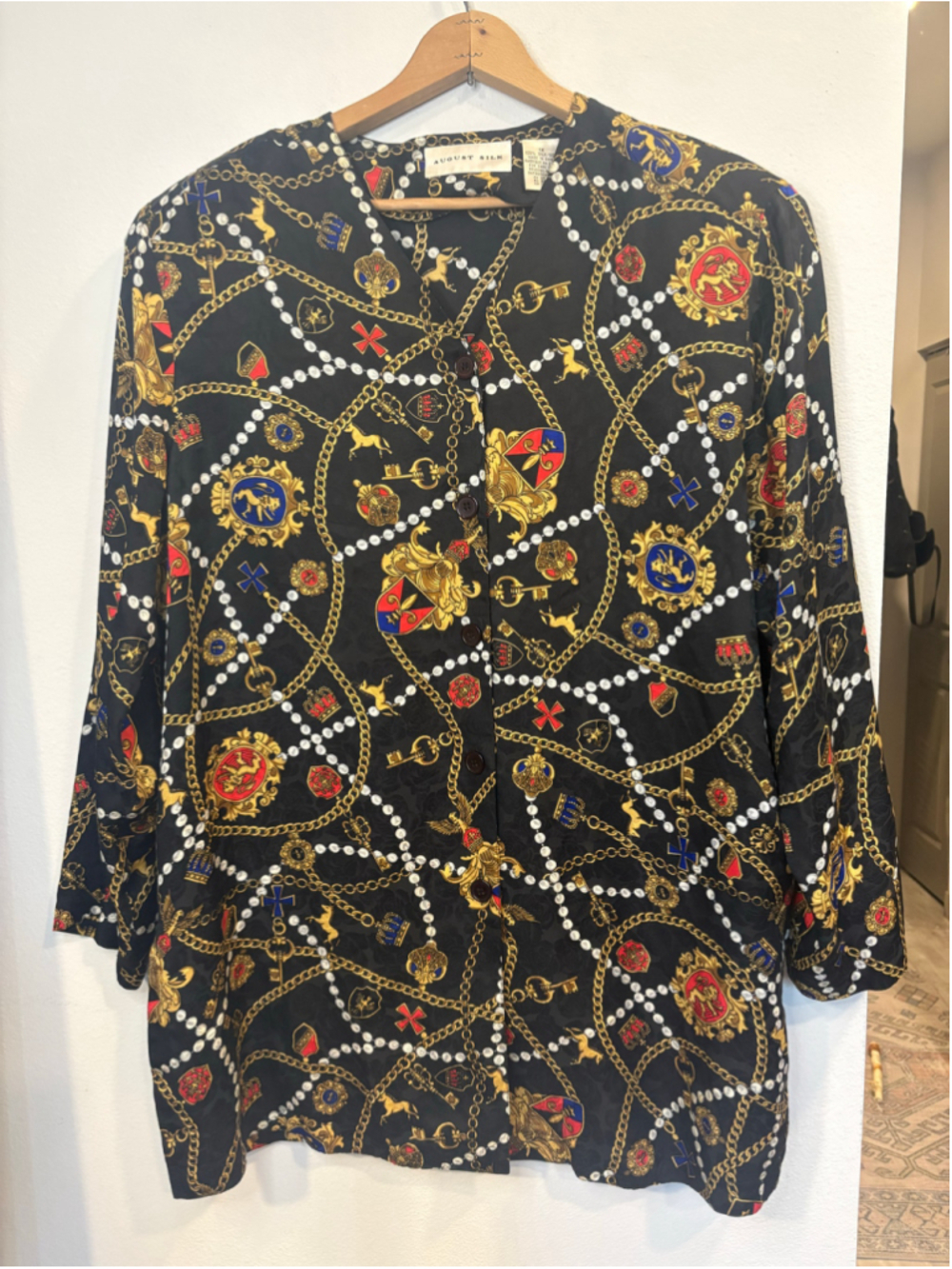 August Silk 100% Silk Equestrian Chain Print Blouse 1X Vintage Black